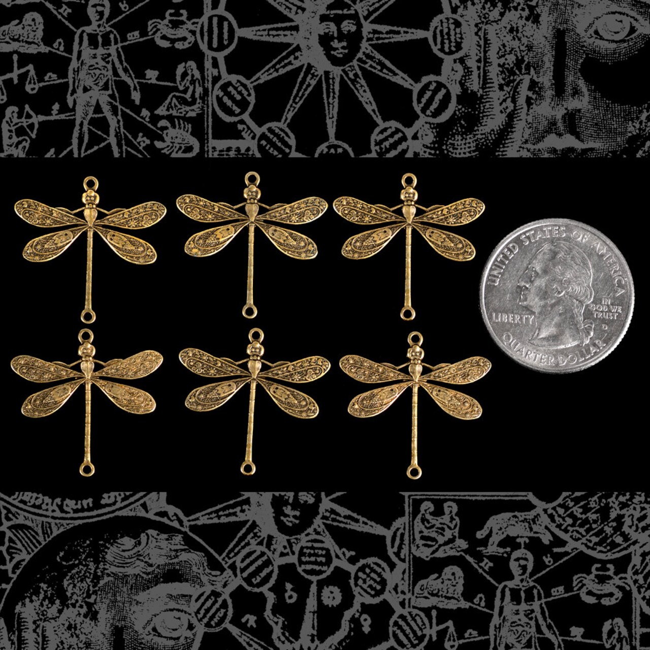 Antiqued Brass Medium Ornate Dragonfly Two Ring Connectors - Set of Six - AB-2C13